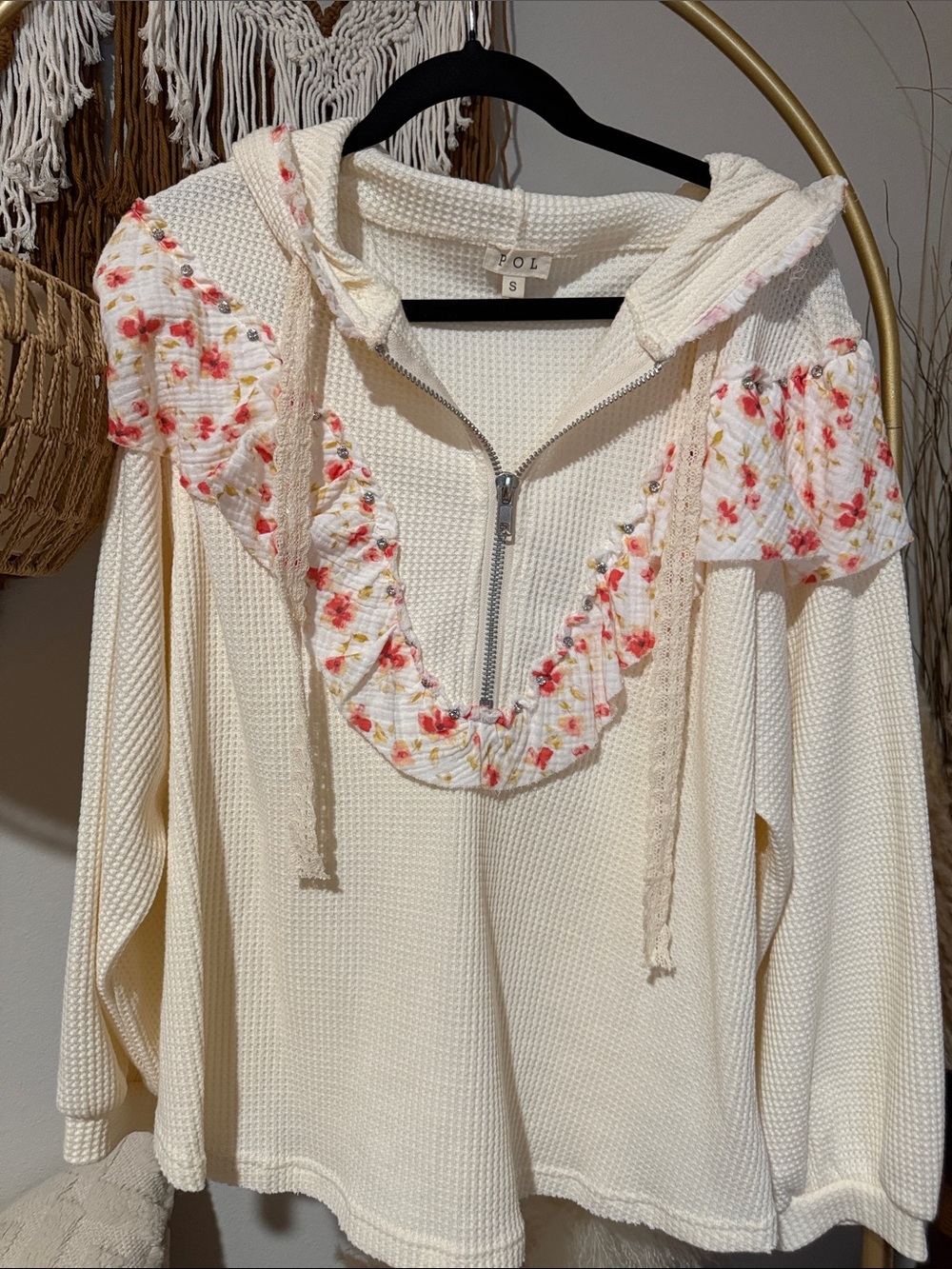 POL Cream Hooded Waffle Knit Top with Floral Trim